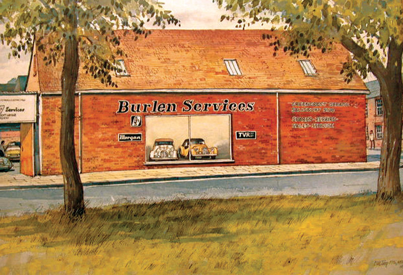 Bill Toops watercolour painting of Burlen Services in Greencroft, Salisbury where it all began in 1971