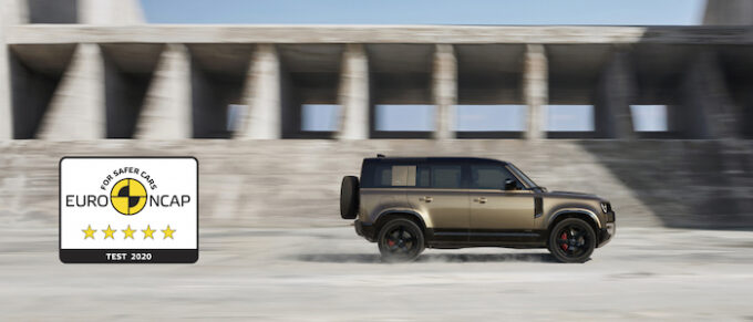 FIVE-STAR EURO NCAP SAFETY RATING FOR AWARD-WINNING NEW LAND ROVER DEFENDER 110 - Side Shot with Award Logo