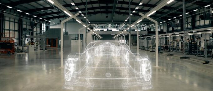 Lotus Hethel factory with wireframe