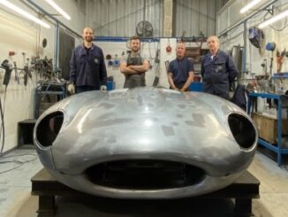 The highly skilled bonnet team at BMH with a completed example – L to R Tom Sandalls, Thomas Corfield, Dave Jeffs and Alan Stacey