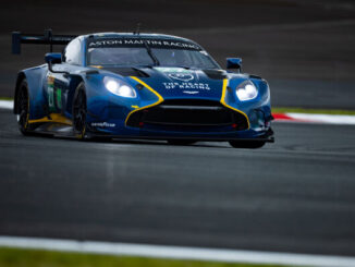 The Heart of Racing Team's blue and yellow No. 27 Aston Martin Vantage GT3 on track at Fuji Speedway.