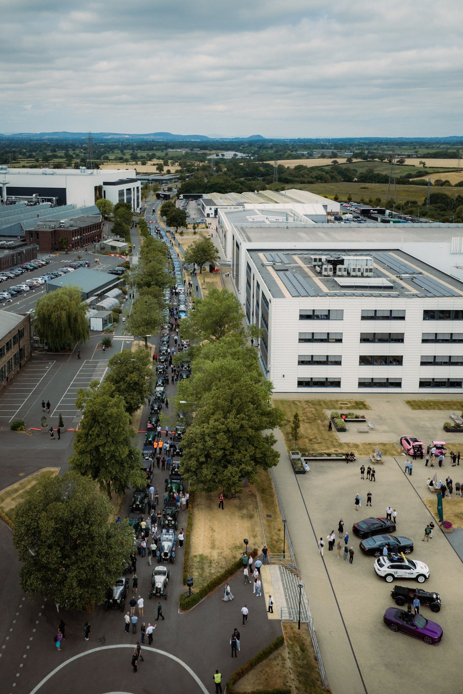 More than 100 Bentley Drivers Club cars lining Pyms Lane at Crewe