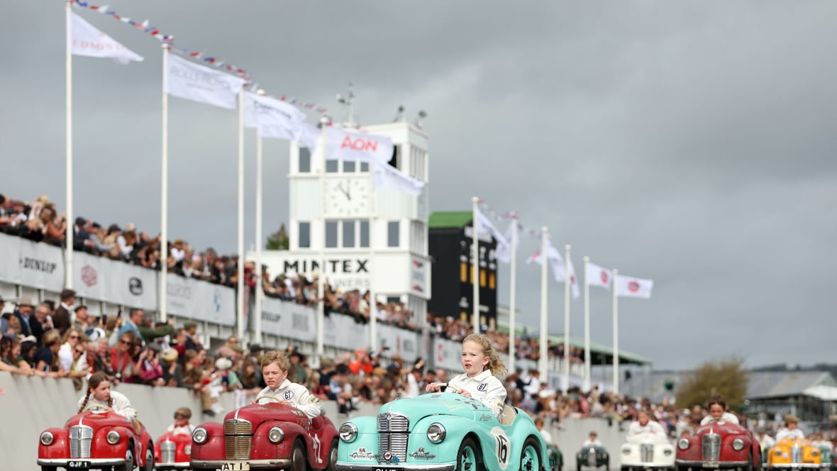 Children racing Austin J40 pedal cars in the 2026 Goodwood Revival Settrington Cup