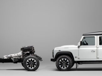 Side view of a Land Rover Defender fitted with the new Works V8 conversion, shown on a new chassis
