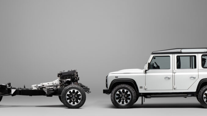 Side view of a Land Rover Defender fitted with the new Works V8 conversion, shown on a new chassis