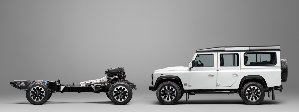 Side view of a Land Rover Defender fitted with the new Works V8 conversion, shown on a new chassis