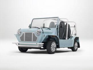 Light blue Electric MOKE Mk2 open-top beach car, front three-quarter studio view