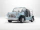 Light blue Electric MOKE Mk2 open-top beach car, front three-quarter studio view