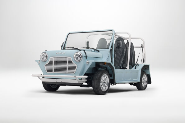 Light blue Electric MOKE Mk2 open-top beach car, front three-quarter studio view
