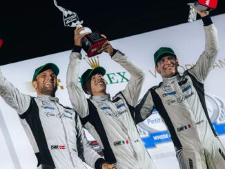 Car Blanche drivers Valentin Hasse Clot, Mattia Drudi and Marco Sorensen celebrate their maiden GTD Pro victory on the Petit Le Mans podium