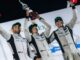 Car Blanche drivers Valentin Hasse Clot, Mattia Drudi and Marco Sorensen celebrate their maiden GTD Pro victory on the Petit Le Mans podium