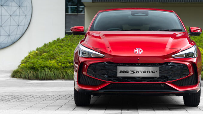 Red MG3 Hybrid+ hatchback, front view