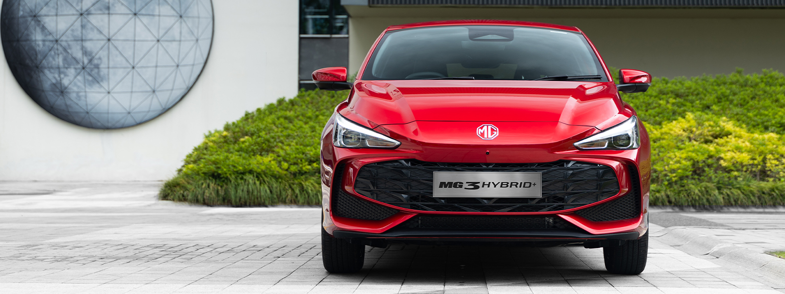 Red MG3 Hybrid+ hatchback, front view