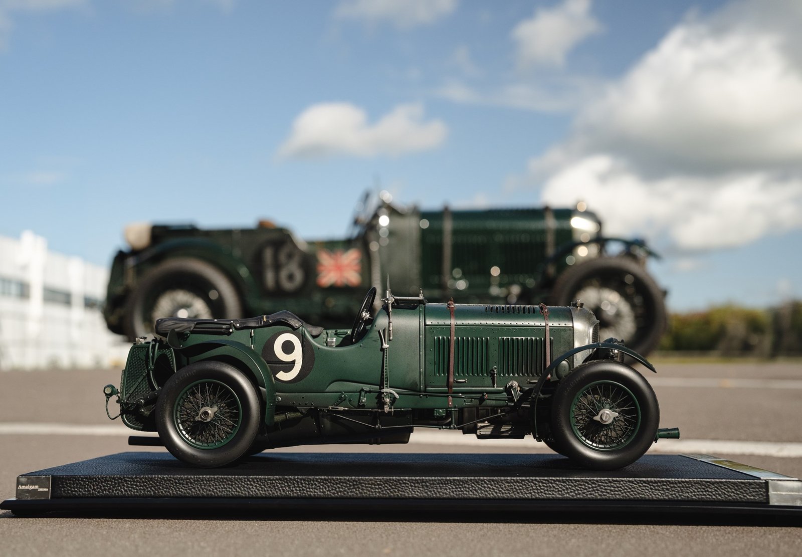 Amalgam Collection's new 1:18 scale Bentley Blower model posed in front of the electric Blower Jnr