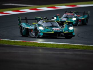 The #007 Aston Martin Valkyrie leads the #009 sister car on track at Fuji Speedway