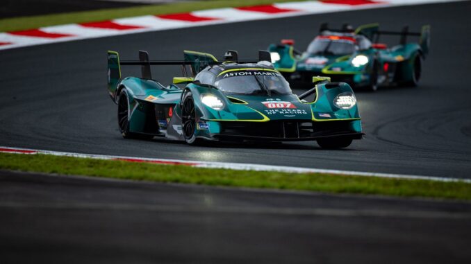 The #007 Aston Martin Valkyrie leads the #009 sister car on track at Fuji Speedway