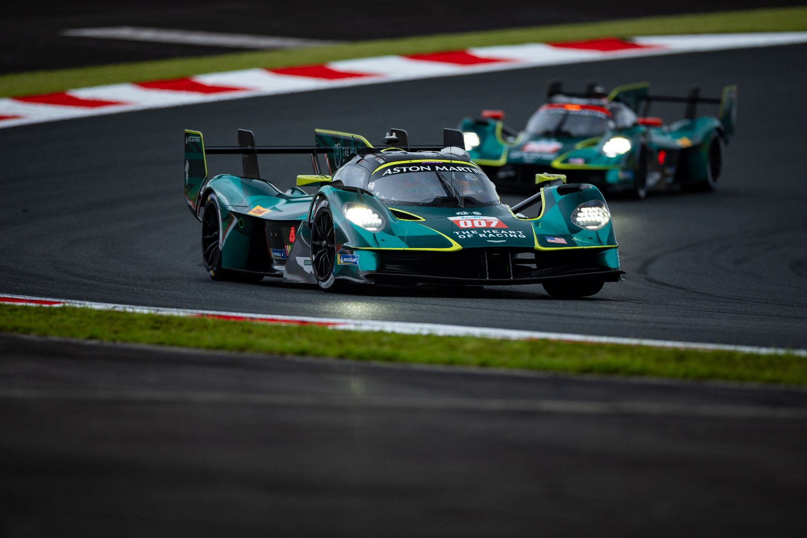 The #007 Aston Martin Valkyrie leads the #009 sister car on track at Fuji Speedway
