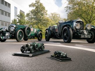 Four expressions of the Bentley Blower at Crewe: the electric Blower Jnr, the original 1929 Team Car No. 2, and Amalgam Collection's 1:8 and 1:18 scale models