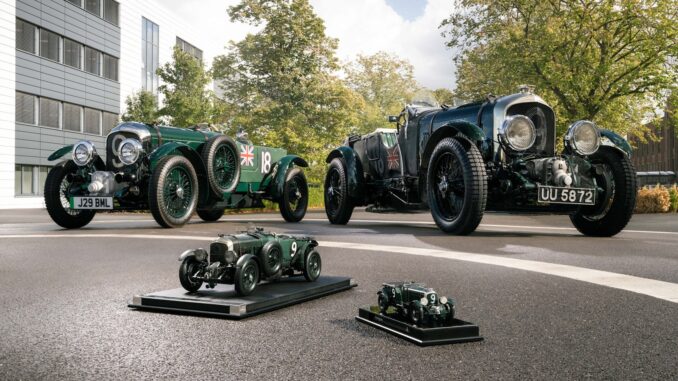 Four expressions of the Bentley Blower at Crewe: the electric Blower Jnr, the original 1929 Team Car No. 2, and Amalgam Collection's 1:8 and 1:18 scale models