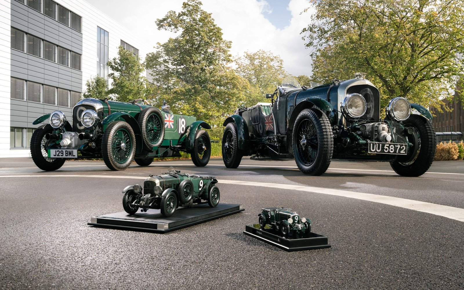 Four expressions of the Bentley Blower at Crewe: the electric Blower Jnr, the original 1929 Team Car No. 2, and Amalgam Collection's 1:8 and 1:18 scale models