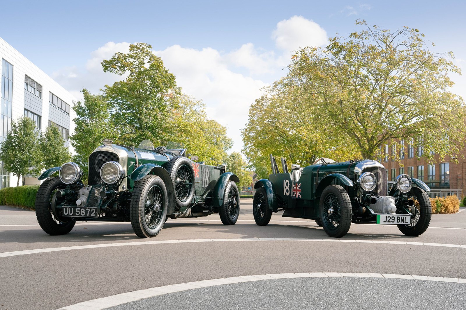 The original 1929 Bentley Team Car No. 2, registration UU 5872, nose to nose with the 85 per cent scale electric Blower Jnr