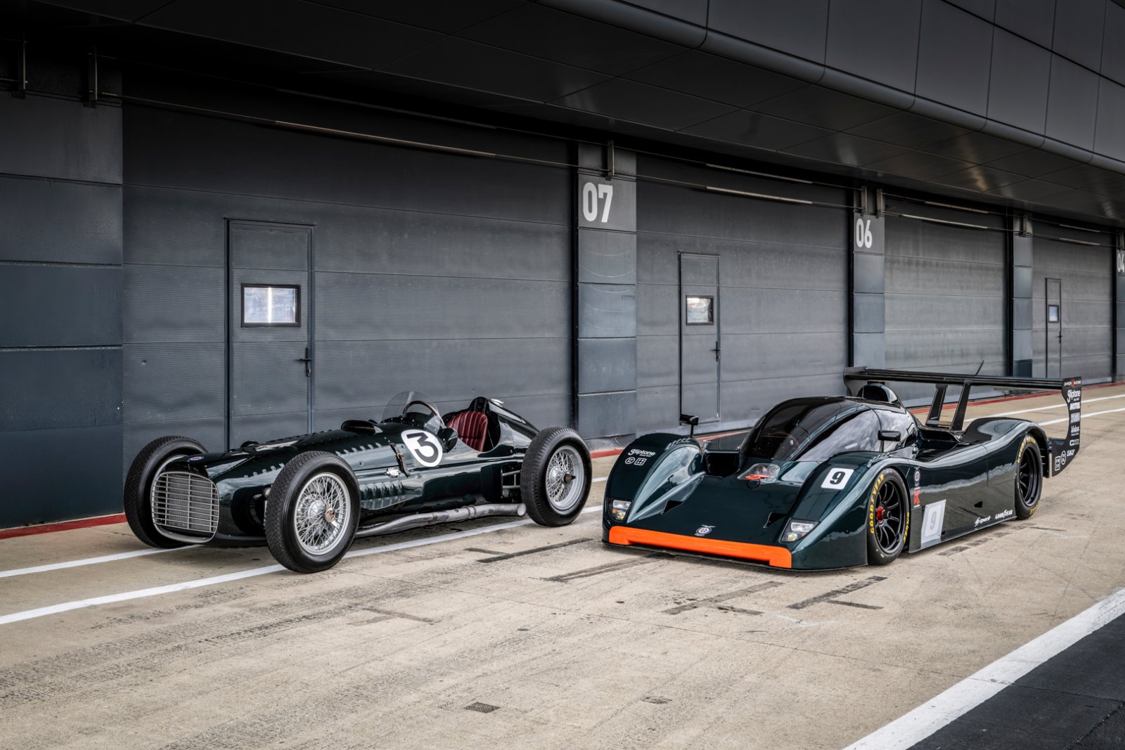 BRM P15 and BRM P351 in front of the Silverstone pit garages