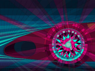 A geometric Jonny Ambrose artwork of a classic car in profile with a wire-spoke wheel, its form emerging from a maze of pink, teal and purple shapes