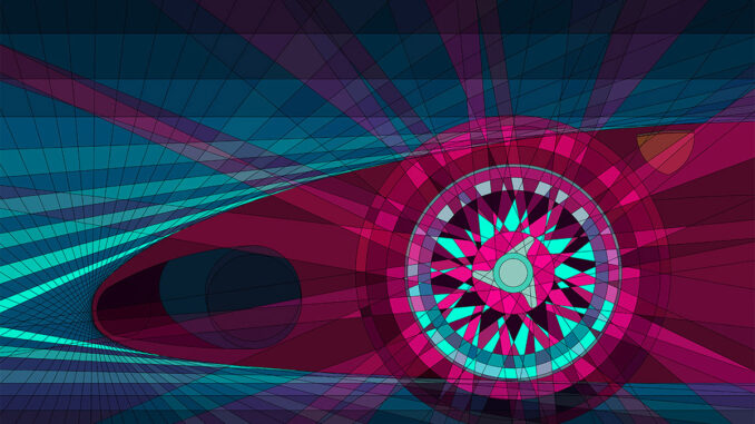 A geometric Jonny Ambrose artwork of a classic car in profile with a wire-spoke wheel, its form emerging from a maze of pink, teal and purple shapes
