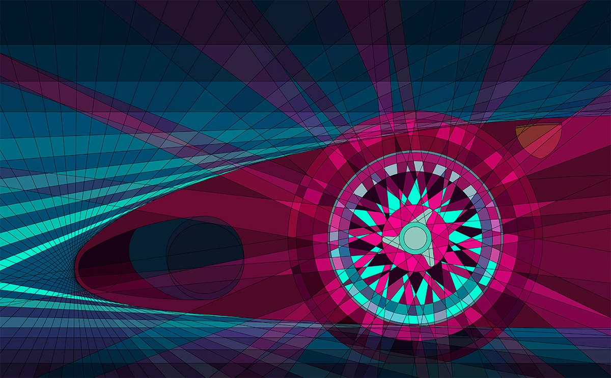 A geometric Jonny Ambrose artwork of a classic car in profile with a wire-spoke wheel, its form emerging from a maze of pink, teal and purple shapes