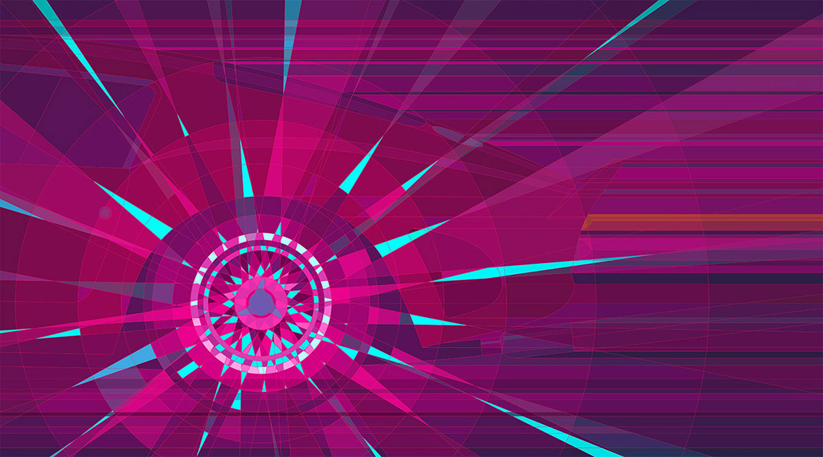 A Jonny Ambrose geometric artwork built around a spoked wheel, in magenta, purple and turquoise