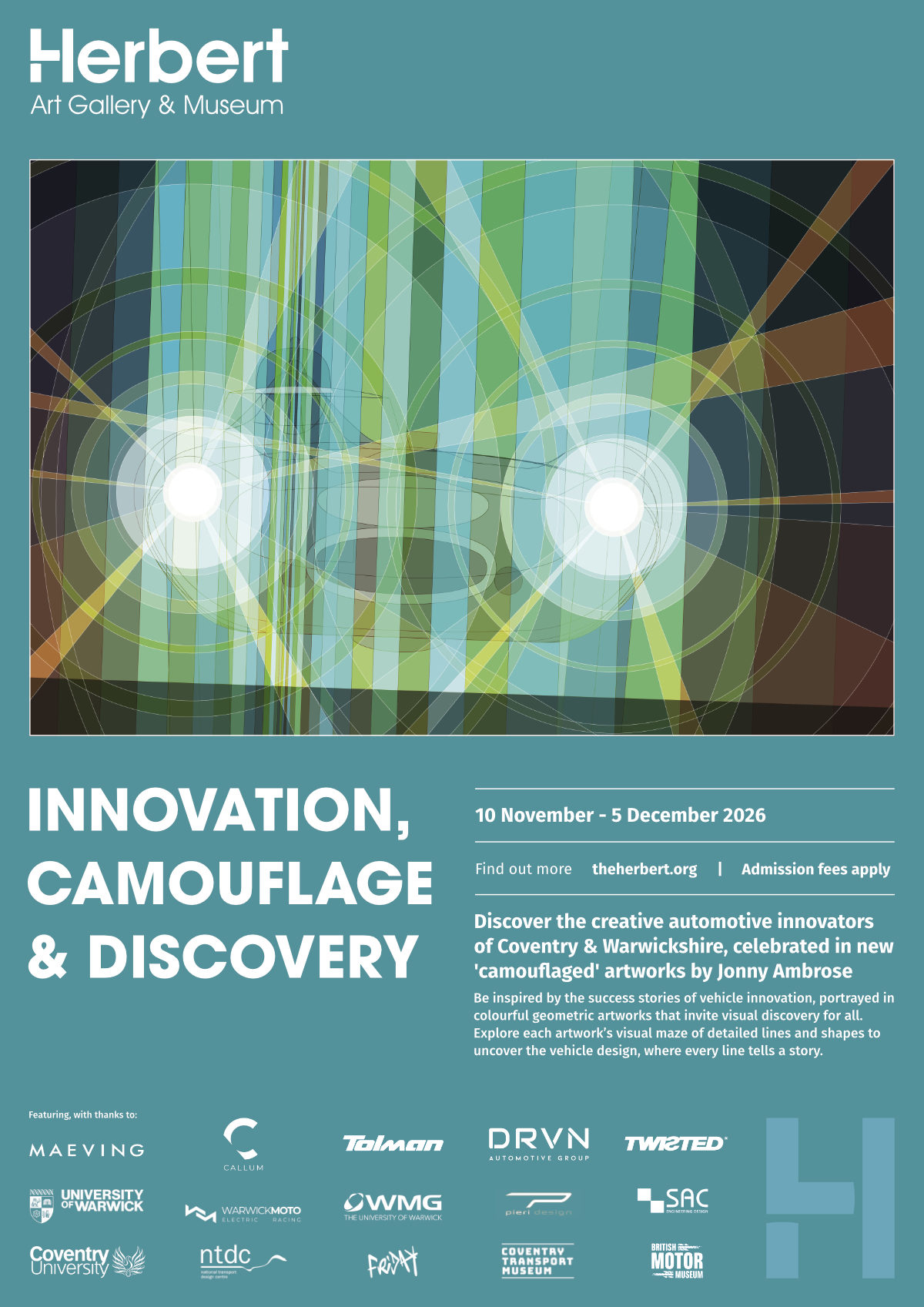 The exhibition poster for INNOVATION, CAMOUFLAGE & DISCOVERY at the Herbert Art Gallery and Museum, November 10 to December 5, with partner logos