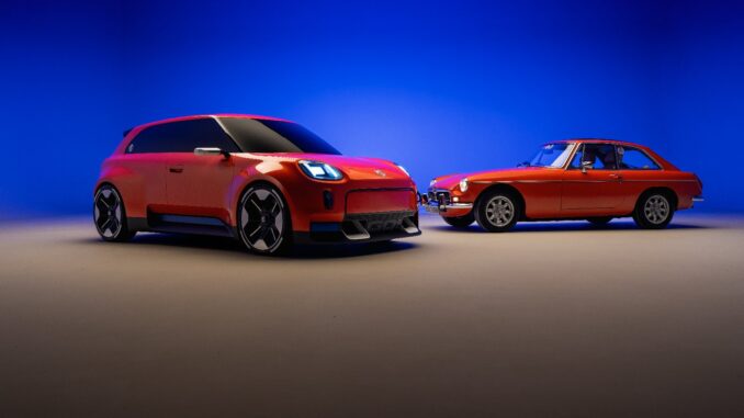 MG GO! electric concept car parked alongside the classic MGB GT that inspired it
