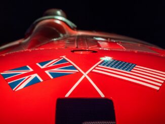 Crossed British and American flags painted on the red nose of the Sunbeam 1000hp World Land Speed Record car