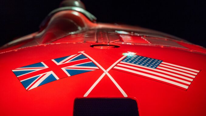Crossed British and American flags painted on the red nose of the Sunbeam 1000hp World Land Speed Record car