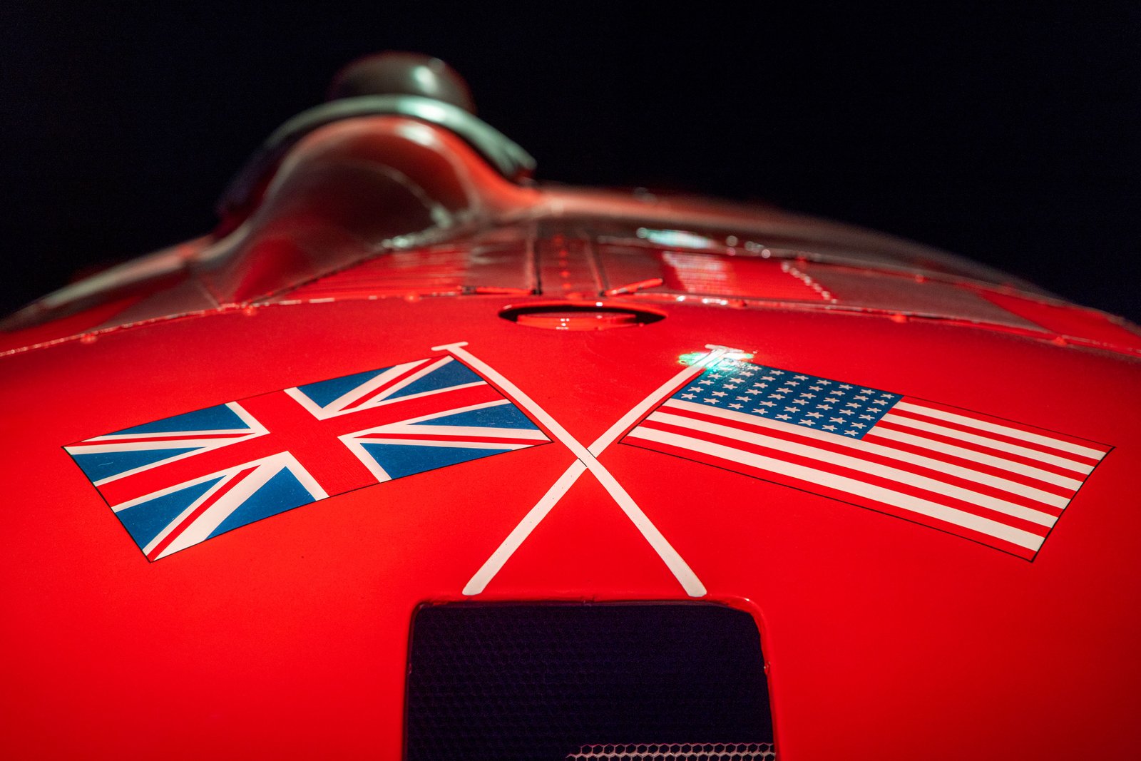 Crossed British and American flags painted on the red nose of the Sunbeam 1000hp World Land Speed Record car